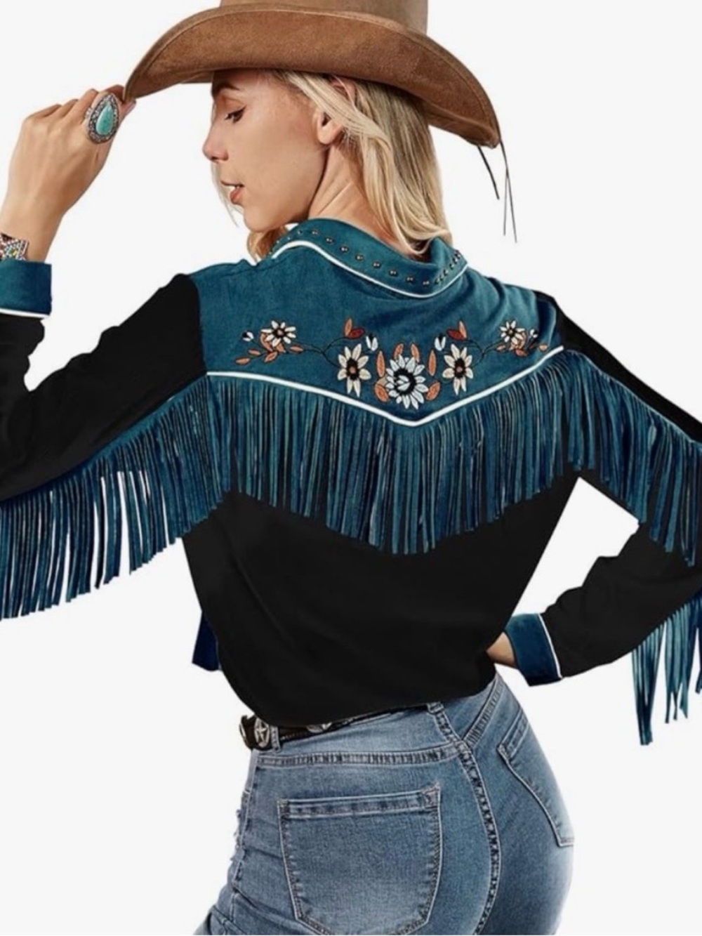 John Moon Sz XL Button Shirt Fringe Embroidered Black & Teal Cowgirl Western